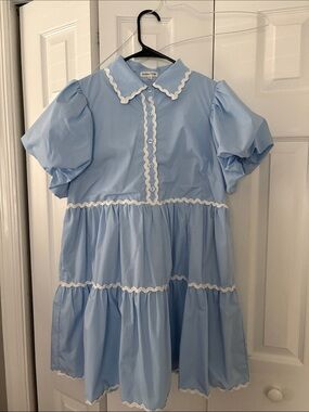 Light Blue Tiered Puff Sleeve Dress with White Ric Rac